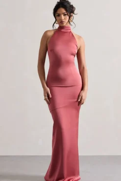 Adoria | Vintage Berry Satin High-Neck Maxi Dress