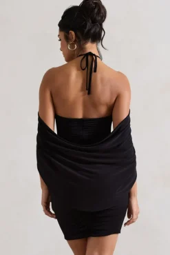 Adriana | Black Ruched Halter-Neck Draped Mini Dress With Corsage