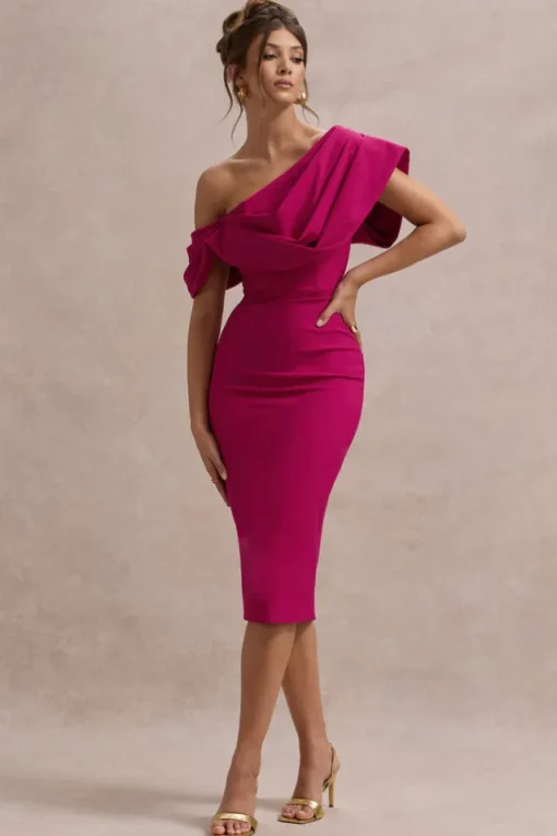 Adrina | Dark Pink Draped One Shoulder Midi Dress