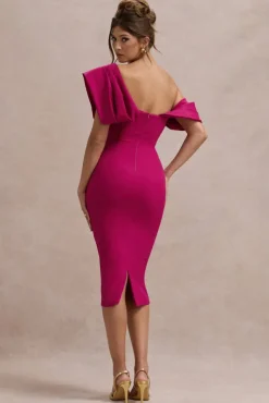 Adrina | Dark Pink Draped One Shoulder Midi Dress