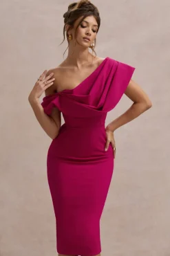 Adrina | Dark Pink Draped One Shoulder Midi Dress