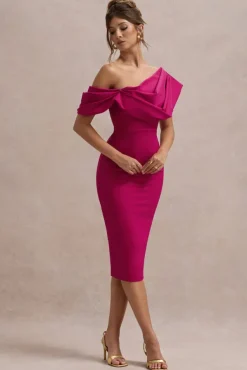 Adrina | Dark Pink Draped One Shoulder Midi Dress