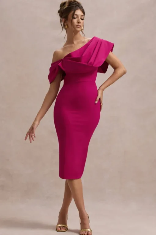 Adrina | Dark Pink Draped One Shoulder Midi Dress