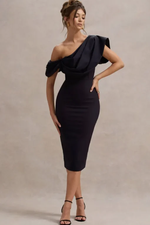 Adrina | Navy Draped One Shoulder Midi Dress