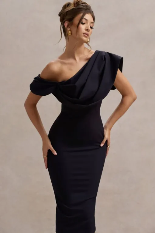Adrina | Navy Draped One Shoulder Midi Dress