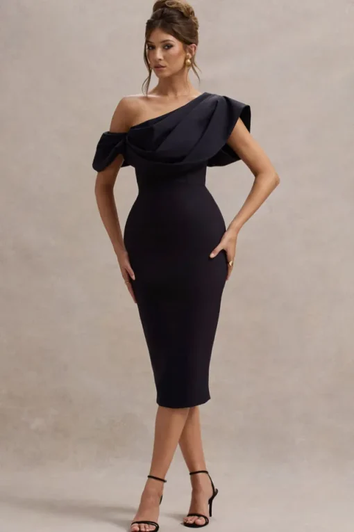 Adrina | Navy Draped One Shoulder Midi Dress