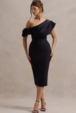 Adrina | Navy Draped One Shoulder Midi Dress