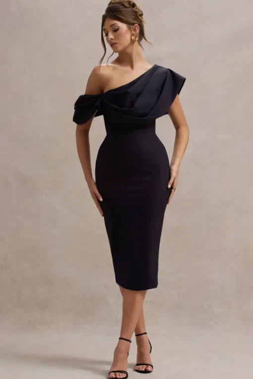 Adrina | Navy Draped One Shoulder Midi Dress