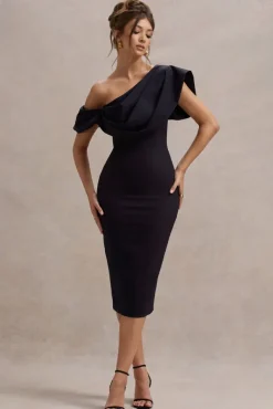 Adrina | Navy Draped One Shoulder Midi Dress