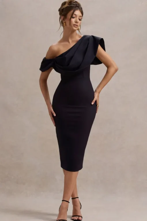 Adrina | Navy Draped One Shoulder Midi Dress