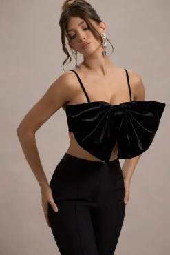 Adya | Black Velvet Strappy Bow Crop Top