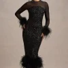 Afterglow | Black Sequin Long-Sleeve Midi Dress With Feather Trims