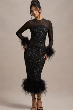 Afterglow | Black Sequin Long-Sleeve Midi Dress With Feather Trims