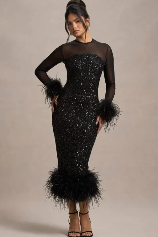 Afterglow | Black Sequin Long-Sleeve Midi Dress With Feather Trims