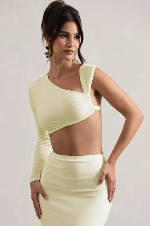 Agalia | Cream Ruched Asymmetric One-Sleeve Crop Top