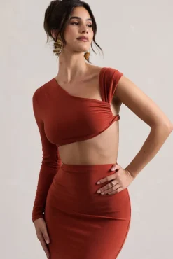 Agalia | Terracotta Ruched Asymmetric One-Sleeve Crop Top