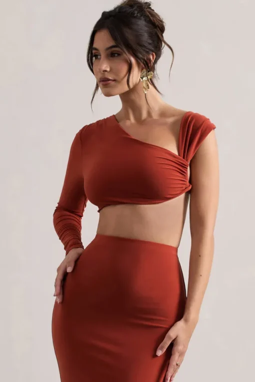 Agalia | Terracotta Ruched Asymmetric One-Sleeve Crop Top