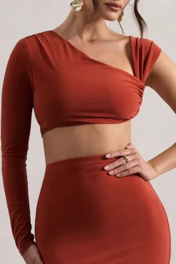 Agalia | Terracotta Ruched Asymmetric One-Sleeve Crop Top