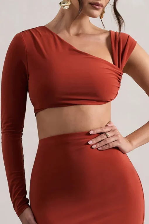 Agalia | Terracotta Ruched Asymmetric One-Sleeve Crop Top