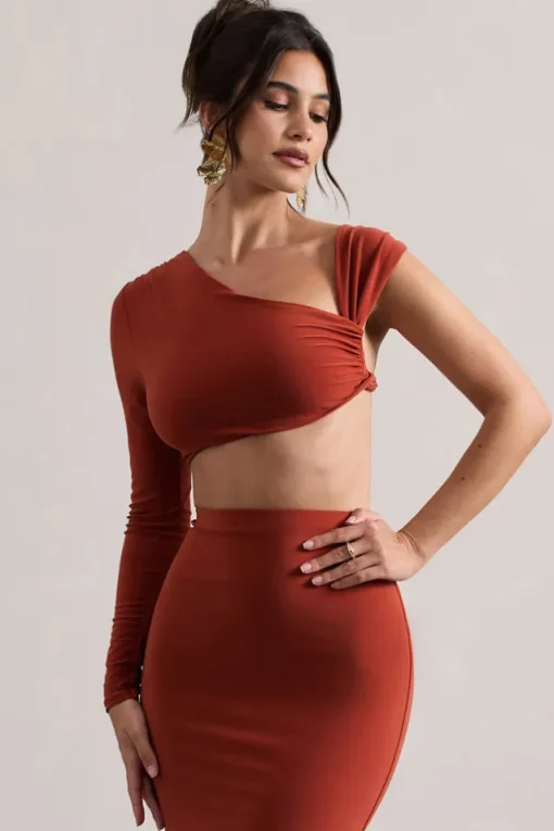 Agalia | Terracotta Ruched Asymmetric One-Sleeve Crop Top