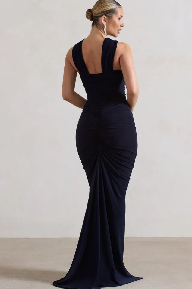 Aida | Navy Ruched V-Neck Split Maxi Dress