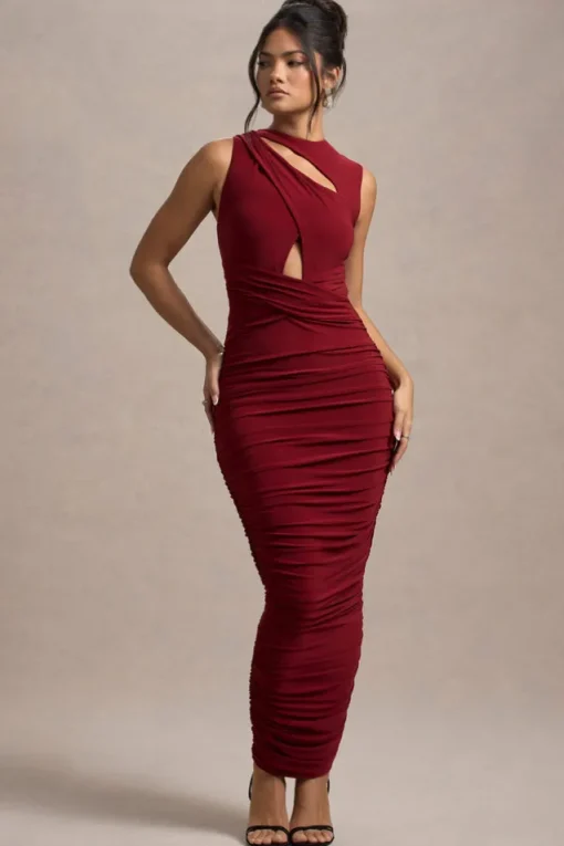 Aire | Wine Cut-Out Ruched Maxi Dress