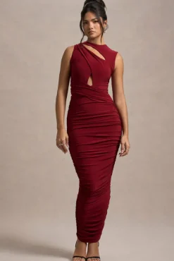 Aire | Wine Cut-Out Ruched Maxi Dress