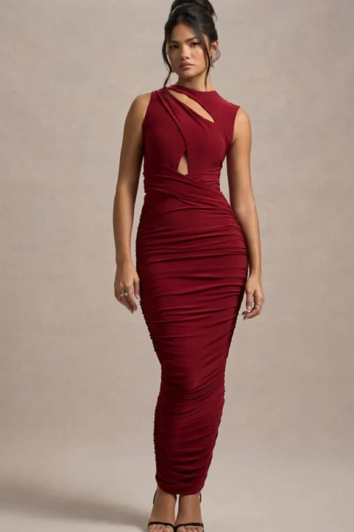 Aire | Wine Cut-Out Ruched Maxi Dress