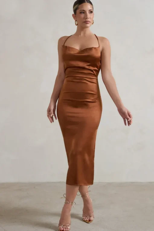 Aja | Copper Cowl Cami Midi Dress With Waist Tie