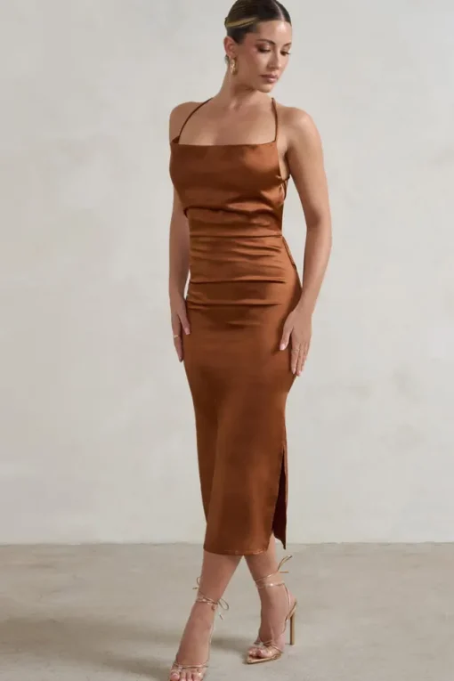 Aja | Copper Cowl Cami Midi Dress With Waist Tie