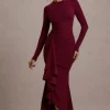 Alayna | Berry Long-Sleeve Maxi Dress With Ruffled Split