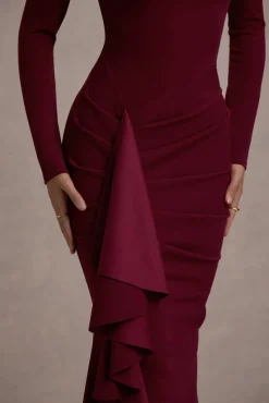 Alayna | Berry Long-Sleeve Maxi Dress With Ruffled Split