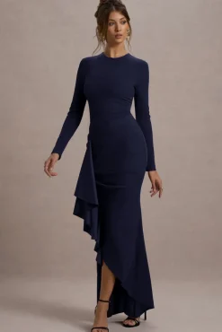 Alayna | Navy Long-Sleeve Maxi Dress With Ruffled Split
