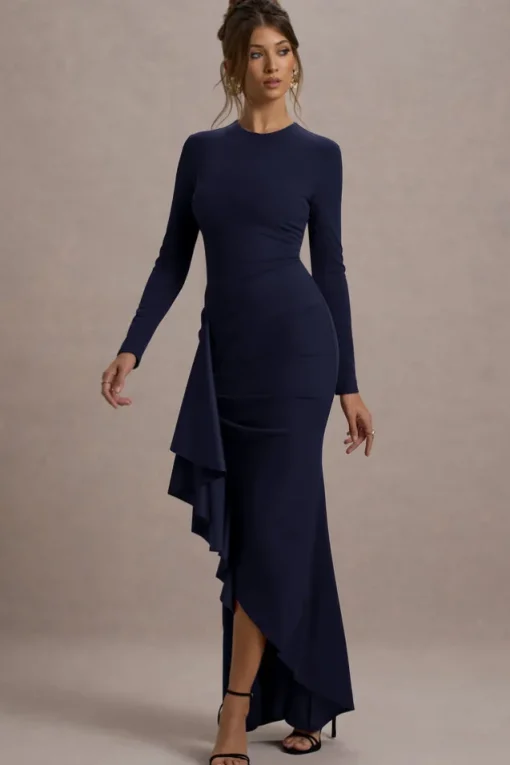 Alayna | Navy Long-Sleeve Maxi Dress With Ruffled Split