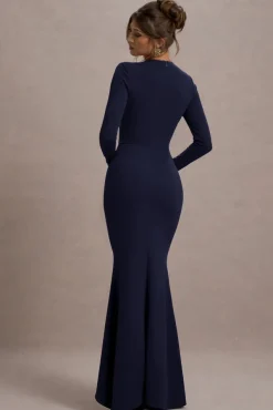 Alayna | Navy Long-Sleeve Maxi Dress With Ruffled Split