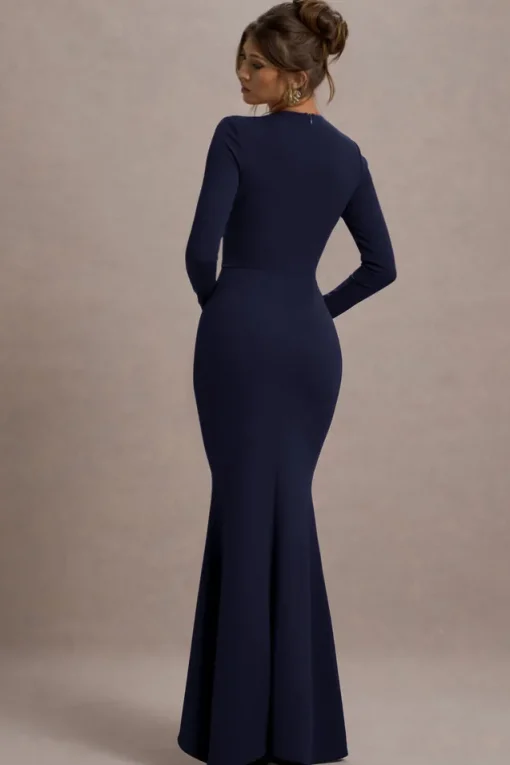 Alayna | Navy Long-Sleeve Maxi Dress With Ruffled Split