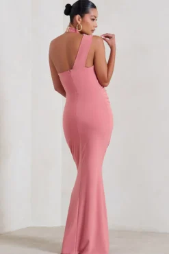 Alba | Blush Pink Maternity Halter Asymmetric Maxi Dress with Cut Out