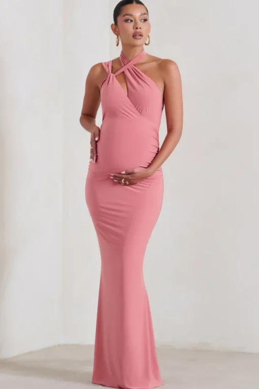 Alba | Blush Pink Maternity Halter Asymmetric Maxi Dress with Cut Out