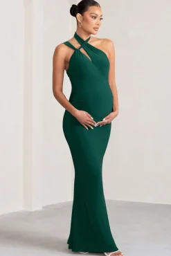 Alba | Bottle Green Maternity Halter Asymmetric Maxi Dress with Cut Out