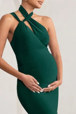 Alba | Bottle Green Maternity Halter Asymmetric Maxi Dress with Cut Out