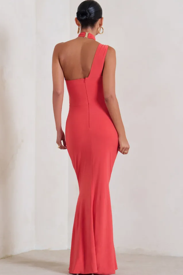 Alba | Coral Maternity Halter Asymmetric Maxi Dress with Cut Out