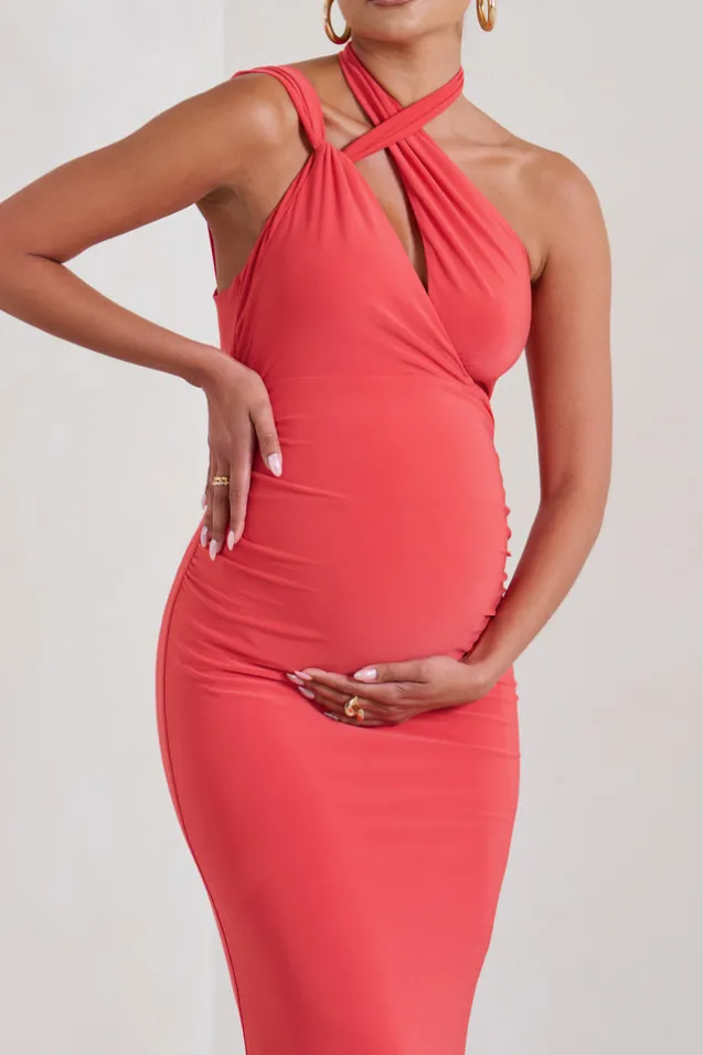 Alba | Coral Maternity Halter Asymmetric Maxi Dress with Cut Out
