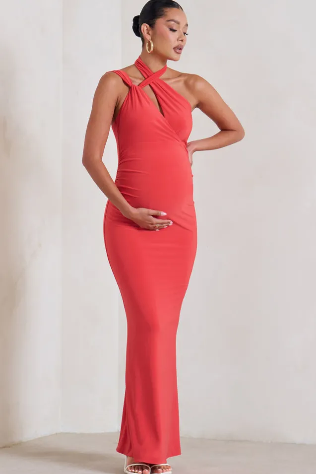 Alba | Coral Maternity Halter Asymmetric Maxi Dress with Cut Out