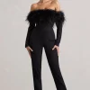 Ales | Black Bardot Tailored Straight-Leg Jumpsuit With Feather Trim