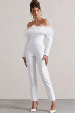 Ales | Black Bardot Tailored Straight-Leg Jumpsuit With Feather Trim