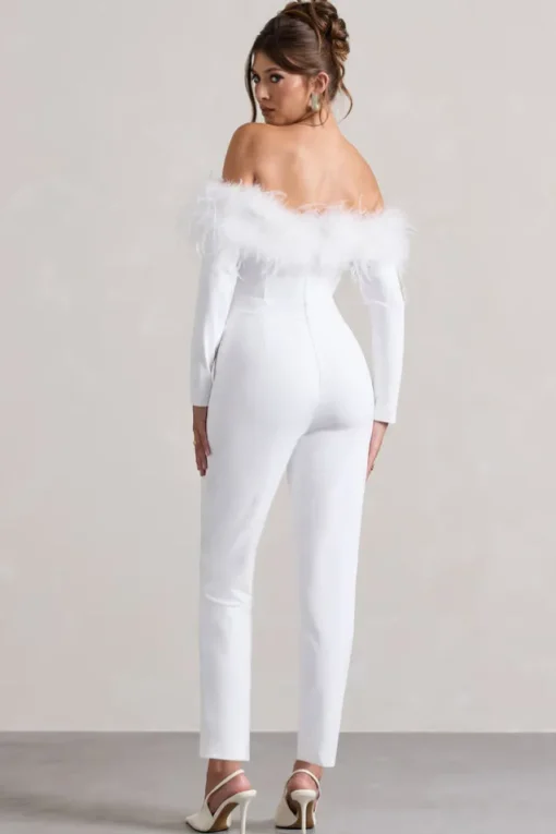 Ales | White Bardot Tailored Straight-Leg Jumpsuit With Feather Trim