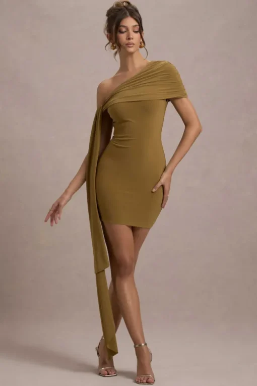 Alessio | Mustard One-Shoulder Mini Dress With Drape