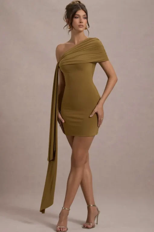 Alessio | Mustard One-Shoulder Mini Dress With Drape