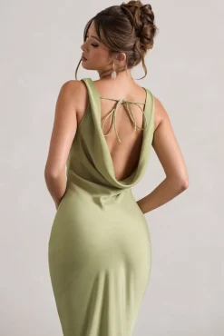 Alesso | Light Olive Satin Cowl-Neck Maxi Dress