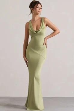Alesso | Light Olive Satin Cowl-Neck Maxi Dress
